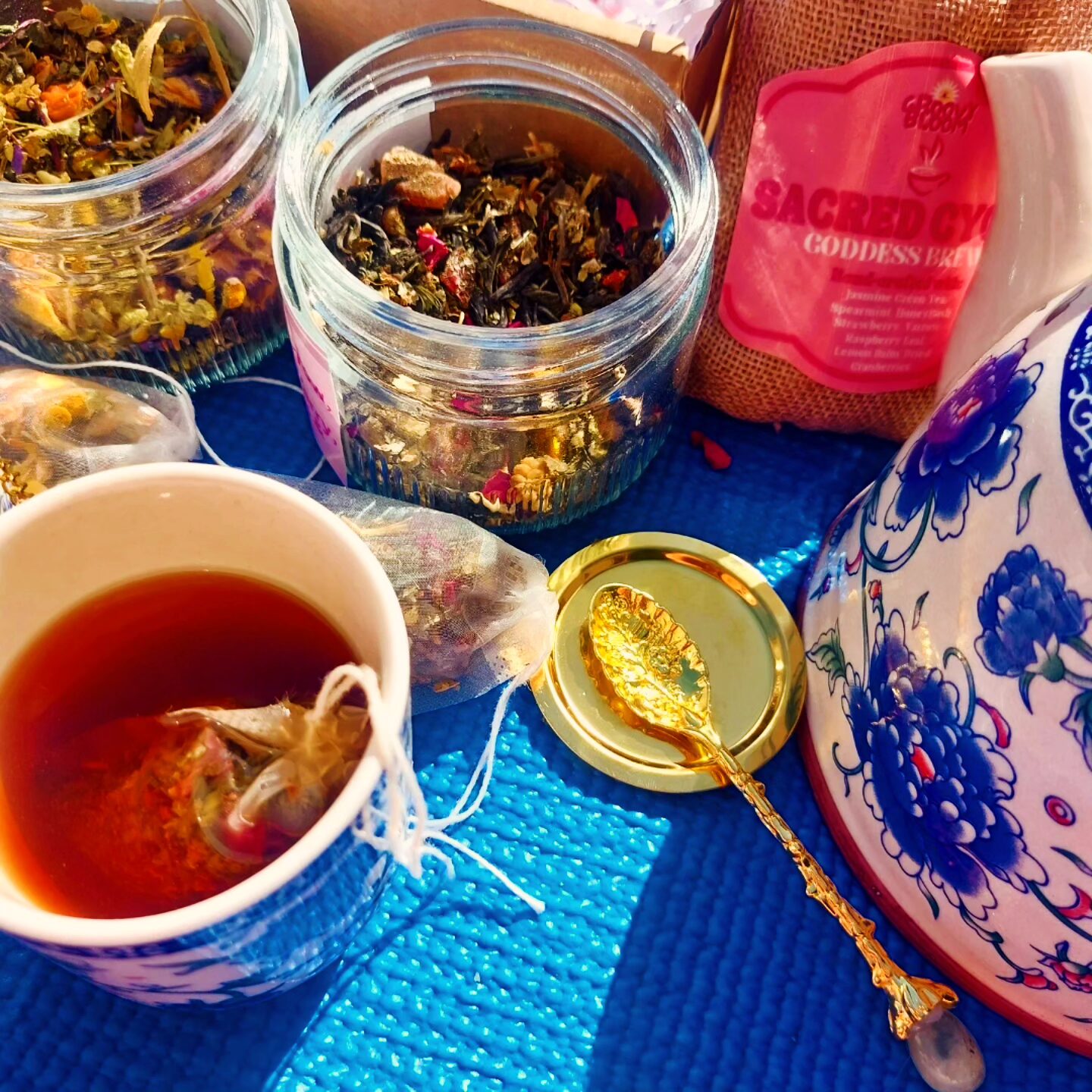 Our range of herbal teas pictured is our Sacred Cycle Goddess brew Womb tea with our Crystal spoons and Tea