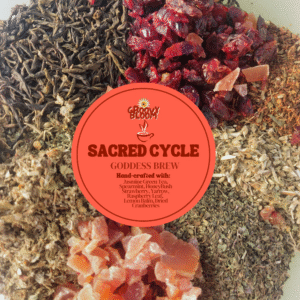 Loose herbs and ingredients of sacred cycle goddess brew, herbal womb tea with dried fruits